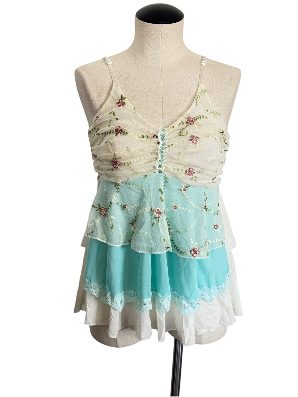 Y2K Floral Tiered Aqua Cream Sequined Fairy Tank Cottagecore Boho T Party Size M